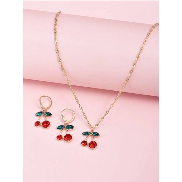 3 PIECE RHINESTONE CHERRY NECKLACE AND EARRINGS - Picture 3 of 4